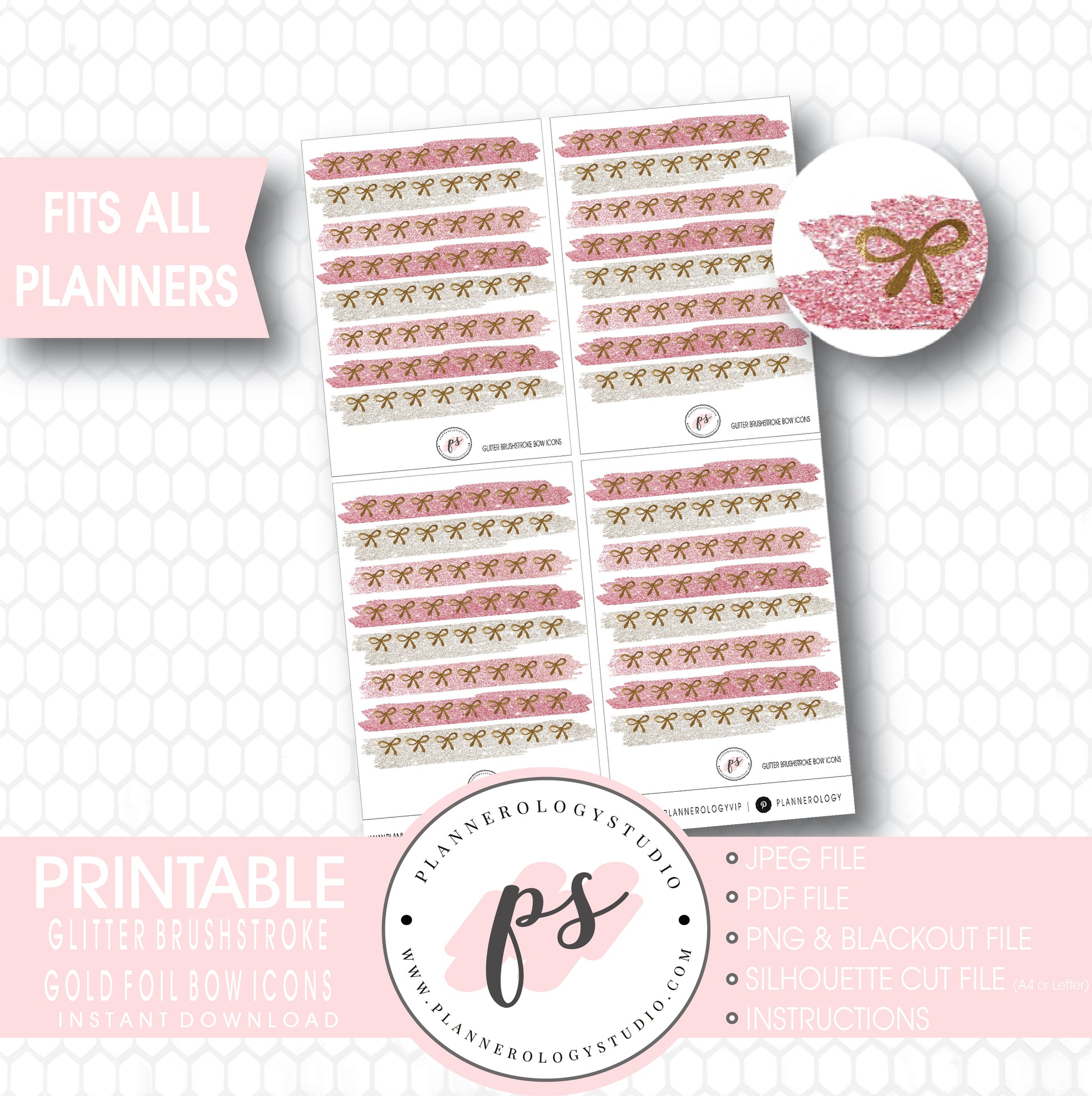 Glitter Brushstroke Gold Foil Texture Bow Icons Digital Printable Planner Stickers - Plannerologystudio