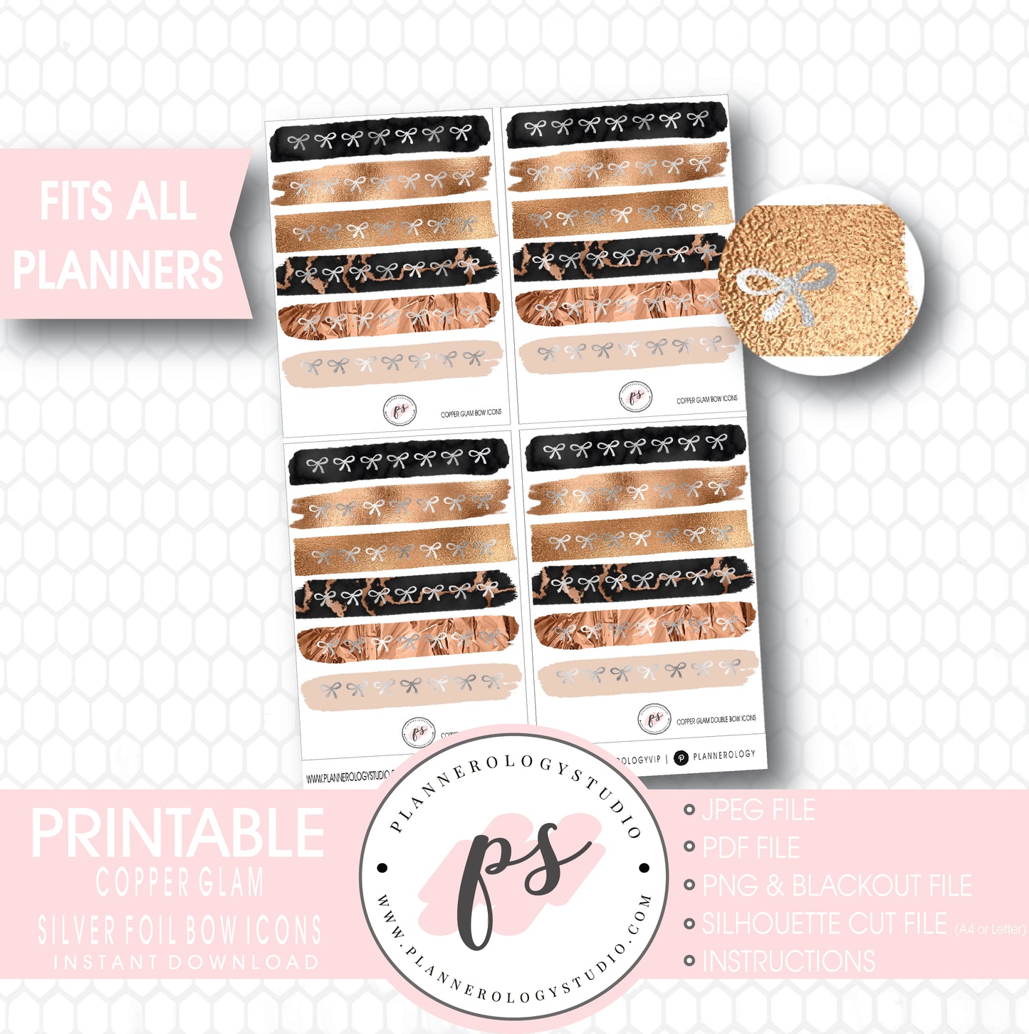 Copper Glam Brushstroke Silver Foil Bow Icons Digital Printable Planner Stickers - Plannerologystudio
