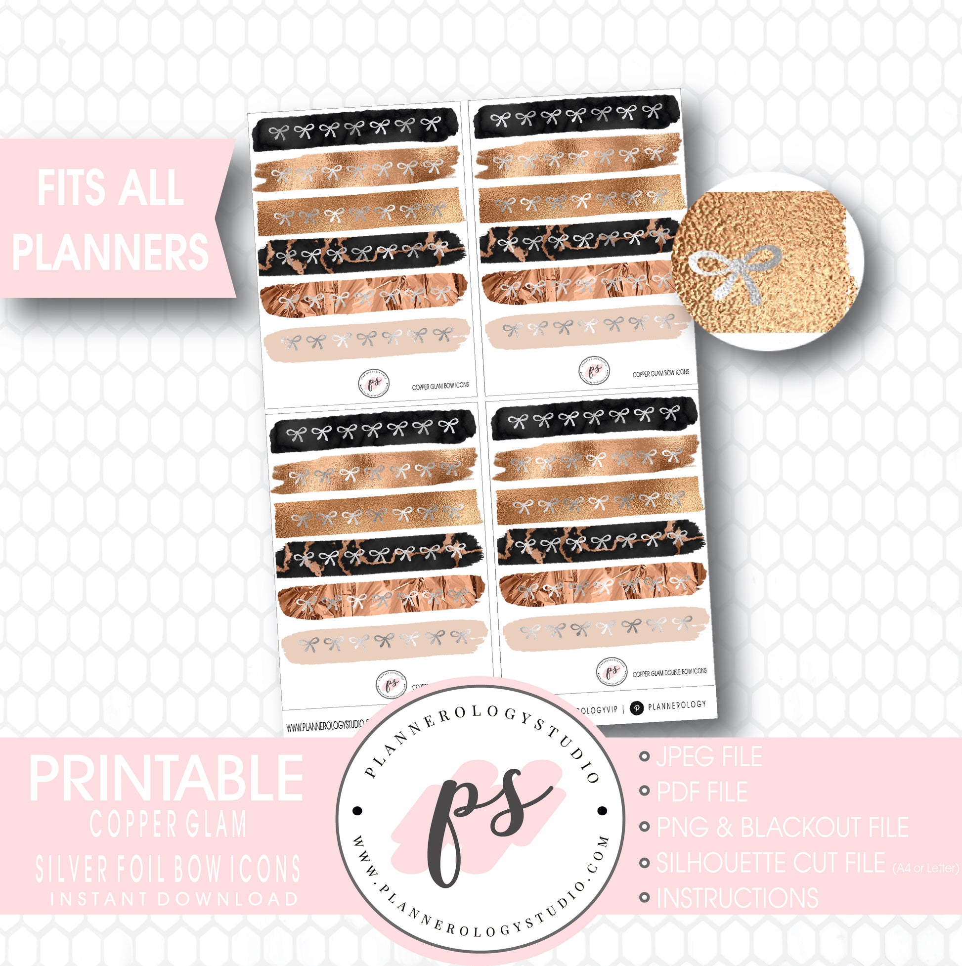 Copper Glam Brushstroke Silver Foil Bow Icons Digital Printable Planner Stickers - Plannerologystudio