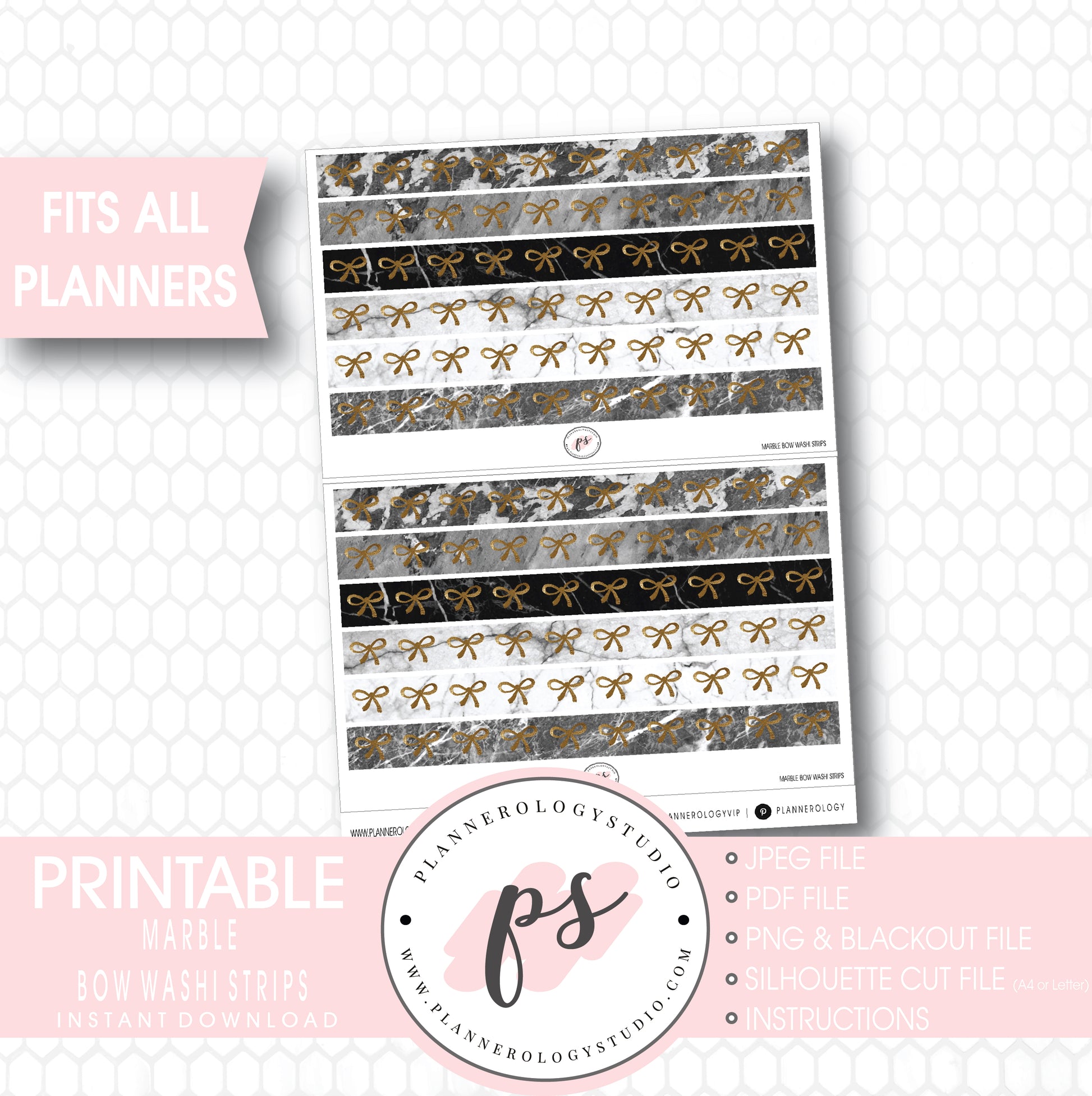 Marble Pattern Bow Icon Washi Strip Digital Printable Planner Stickers - Plannerologystudio