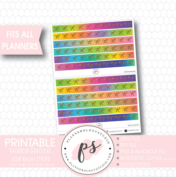 Rainbow Gradient Pattern Bow Icon Washi Strip Digital Printable Planner Stickers - Plannerologystudio