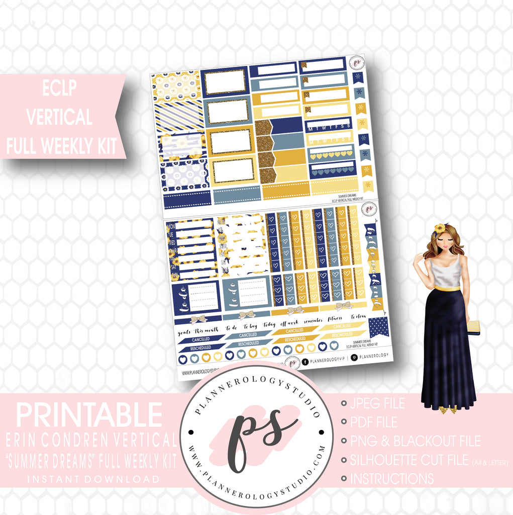 Summer Dreams Full Weekly Kit Printable Planner Stickers (for use with ECLP Vertical) - Plannerologystudio