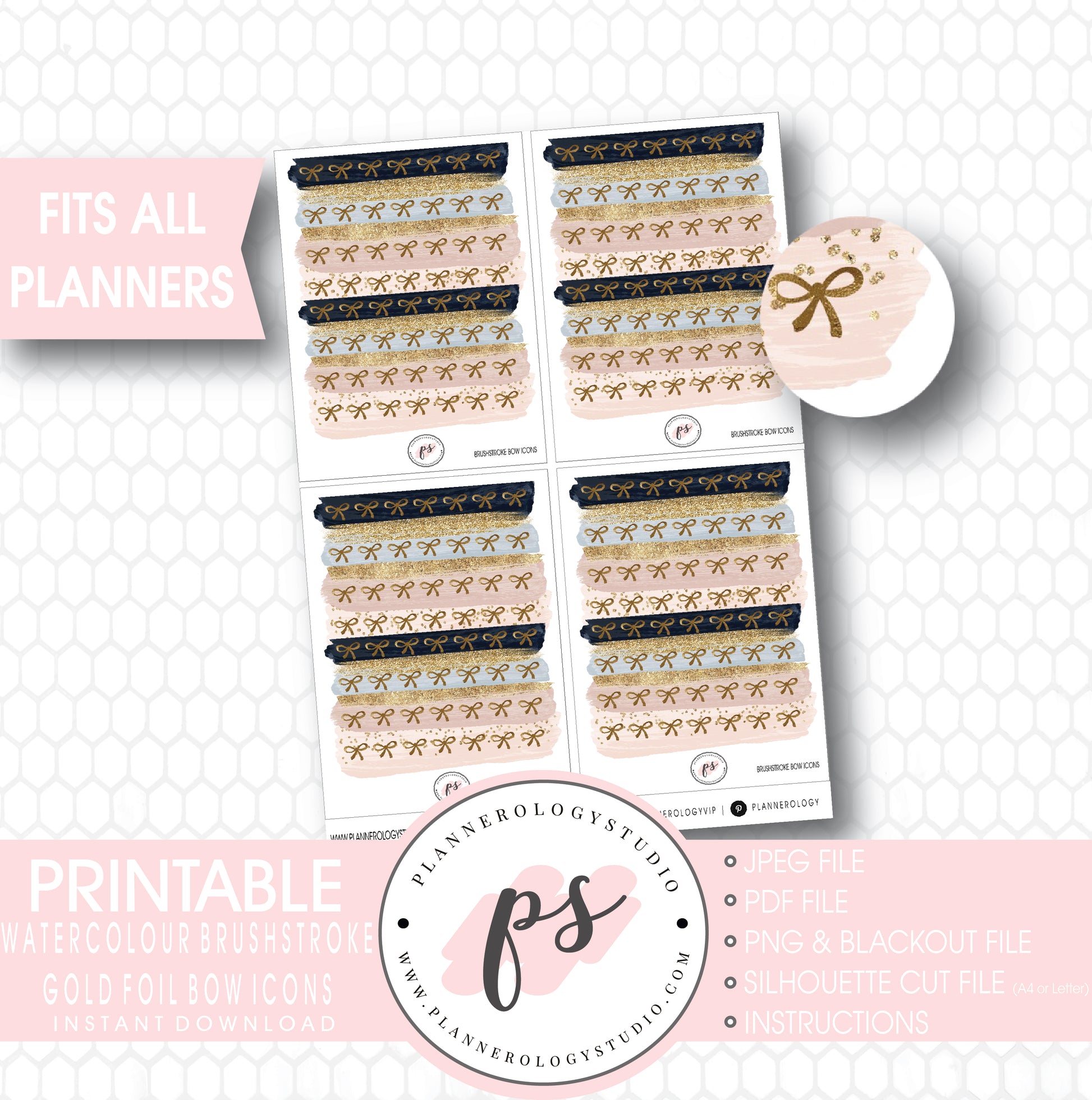 Watercolour Brushstroke Gold Foil Texture Bow Icons Digital Printable Planner Stickers - Plannerologystudio