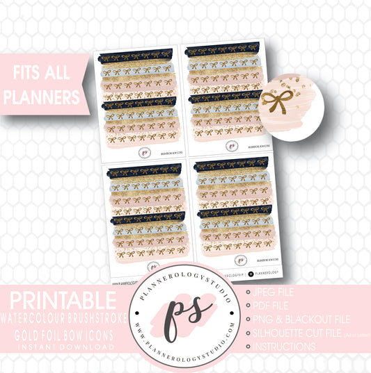 Watercolour Brushstroke Gold Foil Texture Bow Icons Digital Printable Planner Stickers - Plannerologystudio
