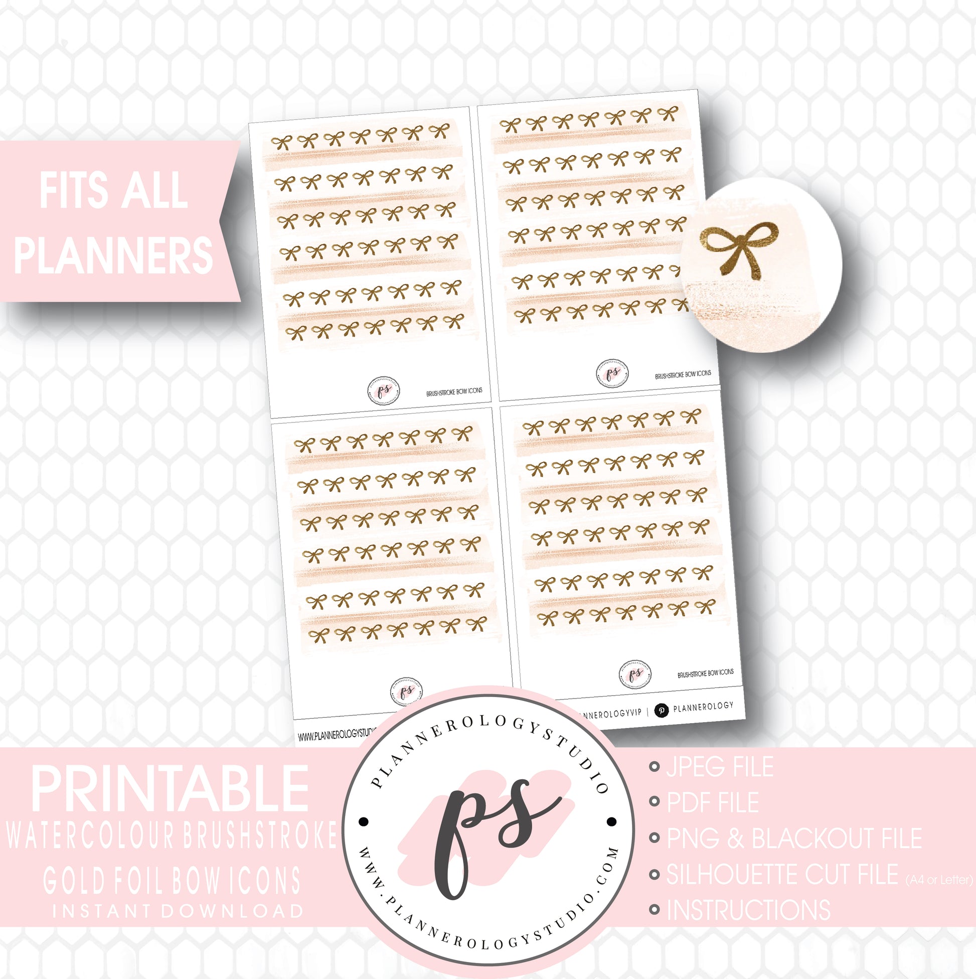 Watercolour Brushstroke Gold Foil Texture Bow Icons Digital Printable Planner Stickers - Plannerologystudio