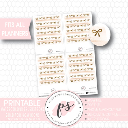 Watercolour Brushstroke Gold Foil Texture Bow Icons Digital Printable Planner Stickers - Plannerologystudio