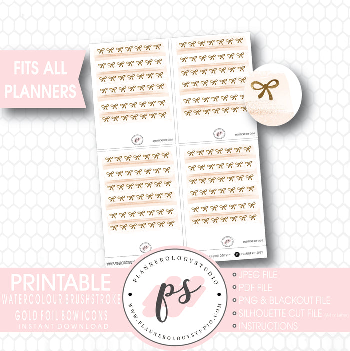 Watercolour Brushstroke Gold Foil Texture Bow Icons Digital Printable Planner Stickers - Plannerologystudio