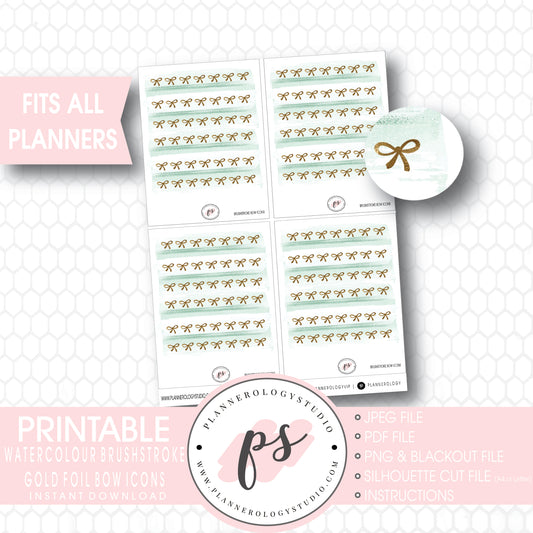 Watercolour Brushstroke Gold Foil Texture Bow Icons Digital Printable Planner Stickers - Plannerologystudio