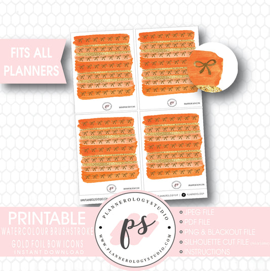 Watercolour Brushstroke Gold Foil Texture Bow Icons Digital Printable Planner Stickers - Plannerologystudio