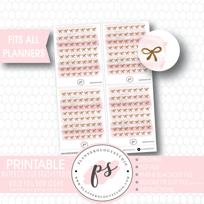 Watercolour Brushstroke Gold Foil Texture Bow Icons Digital Printable Planner Stickers - Plannerologystudio