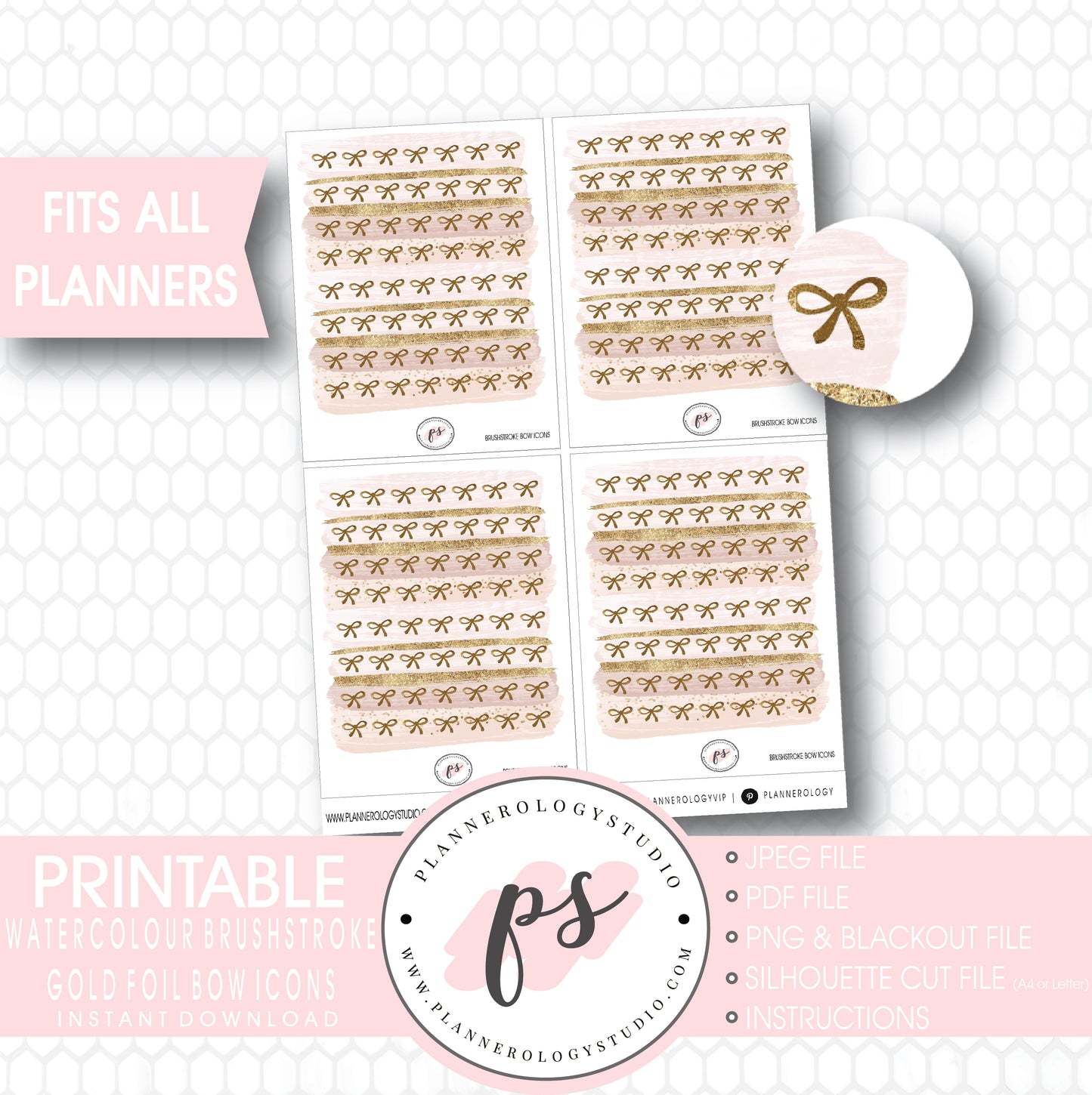 Watercolour Brushstroke Gold Foil Texture Bow Icons Digital Printable Planner Stickers - Plannerologystudio
