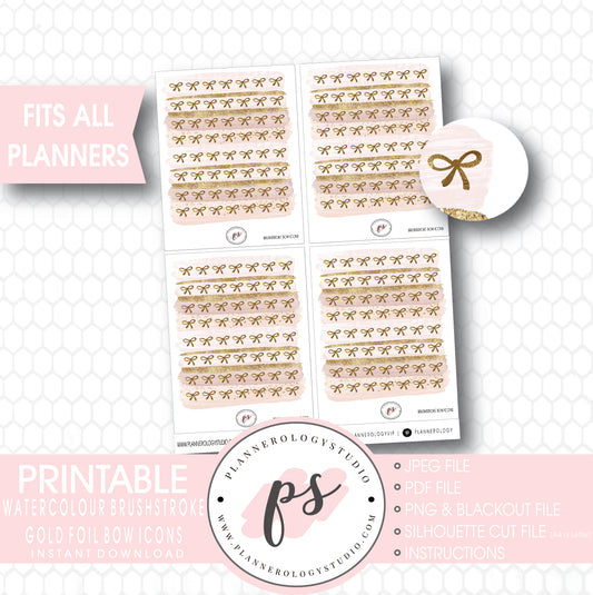 Watercolour Brushstroke Gold Foil Texture Bow Icons Digital Printable Planner Stickers - Plannerologystudio