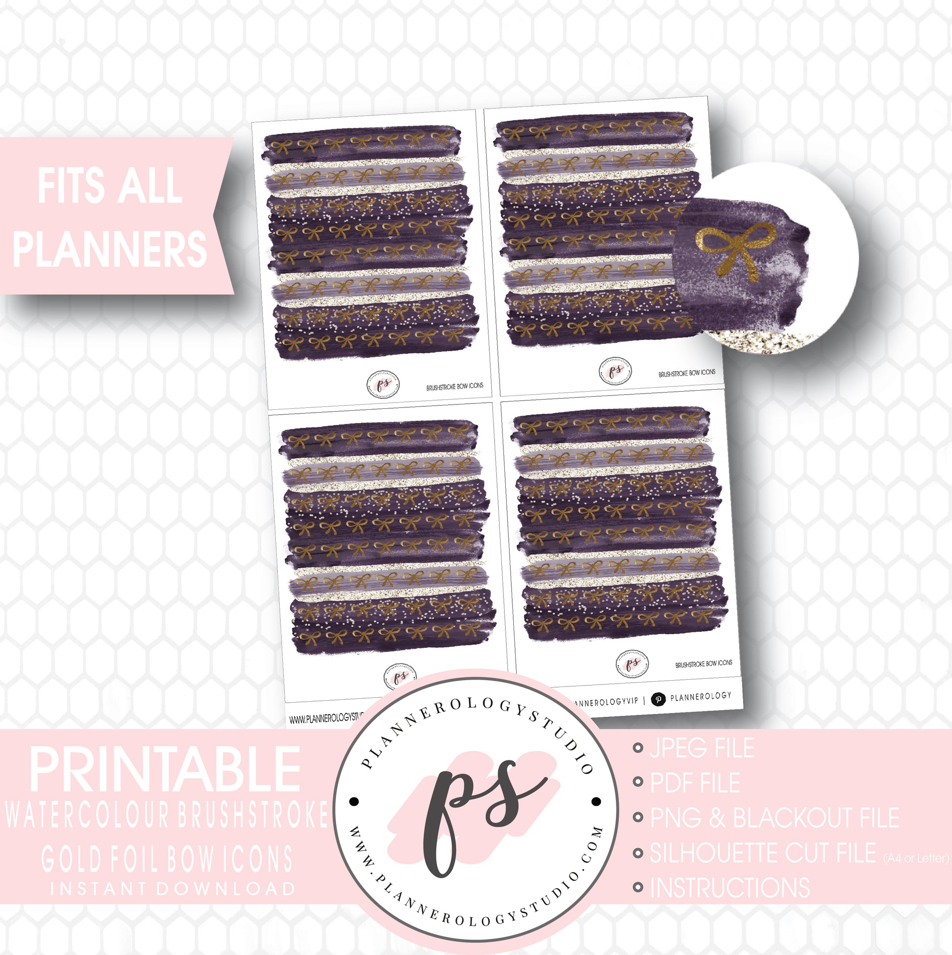 Watercolour Brushstroke Gold Foil Texture Bow Icons Digital Printable Planner Stickers - Plannerologystudio