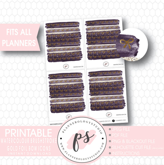 Watercolour Brushstroke Gold Foil Texture Bow Icons Digital Printable Planner Stickers - Plannerologystudio