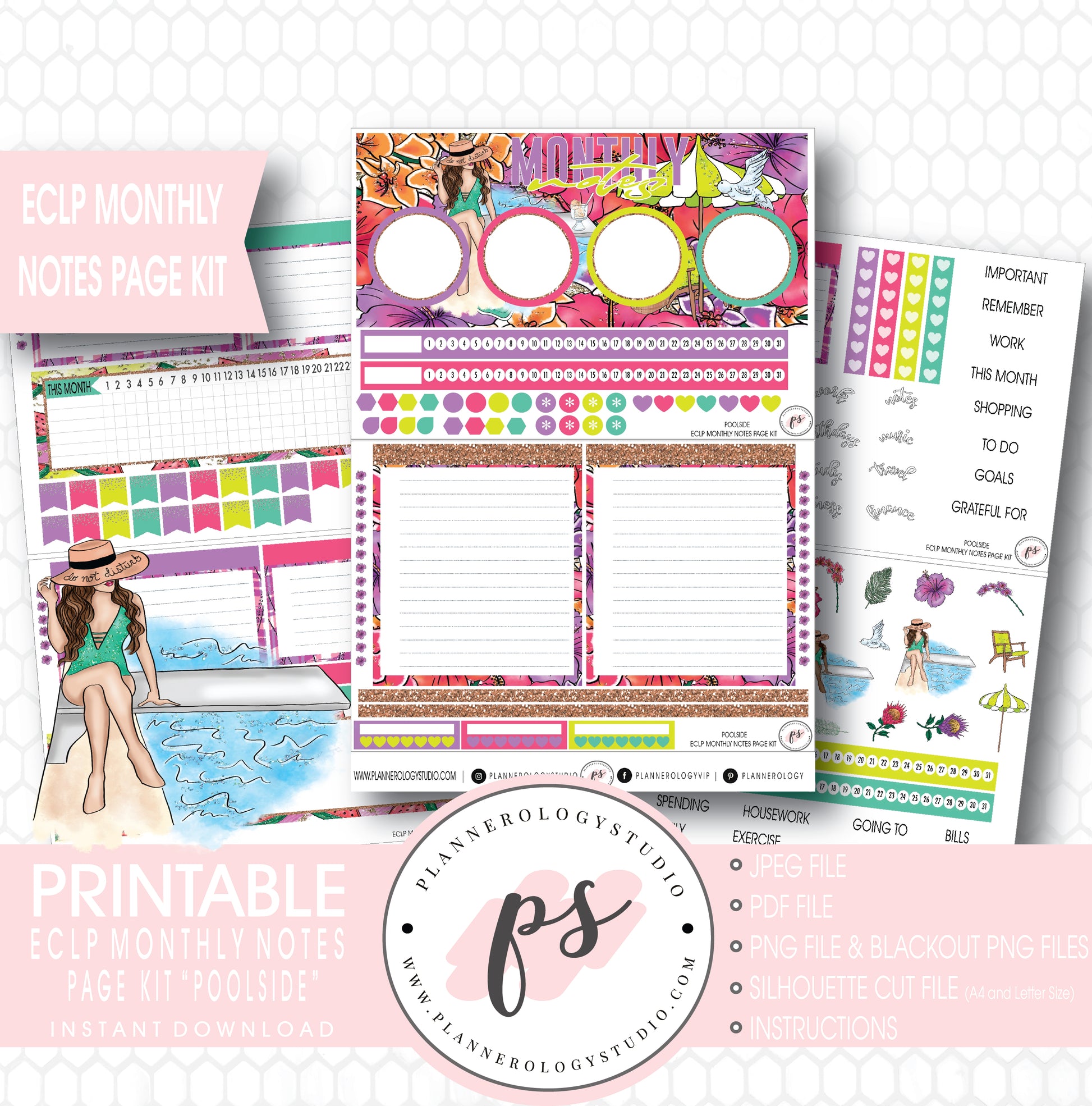 Poolside Monthly Notes Page Kit Digital Printable Planner Stickers (for use with ECLP) - Plannerologystudio