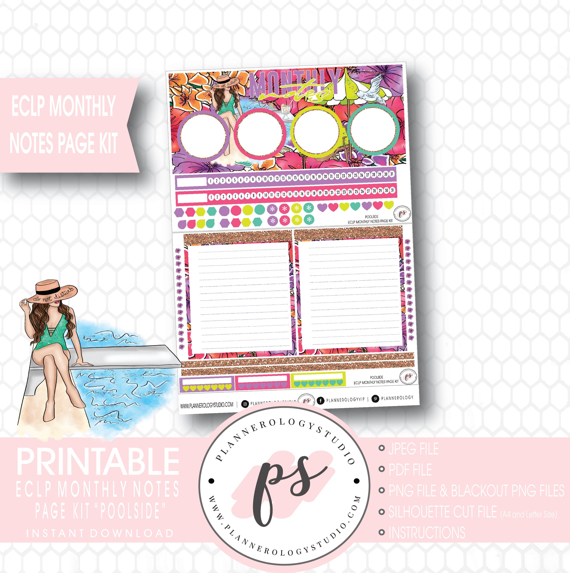 Poolside Monthly Notes Page Kit Digital Printable Planner Stickers (for use with ECLP) - Plannerologystudio