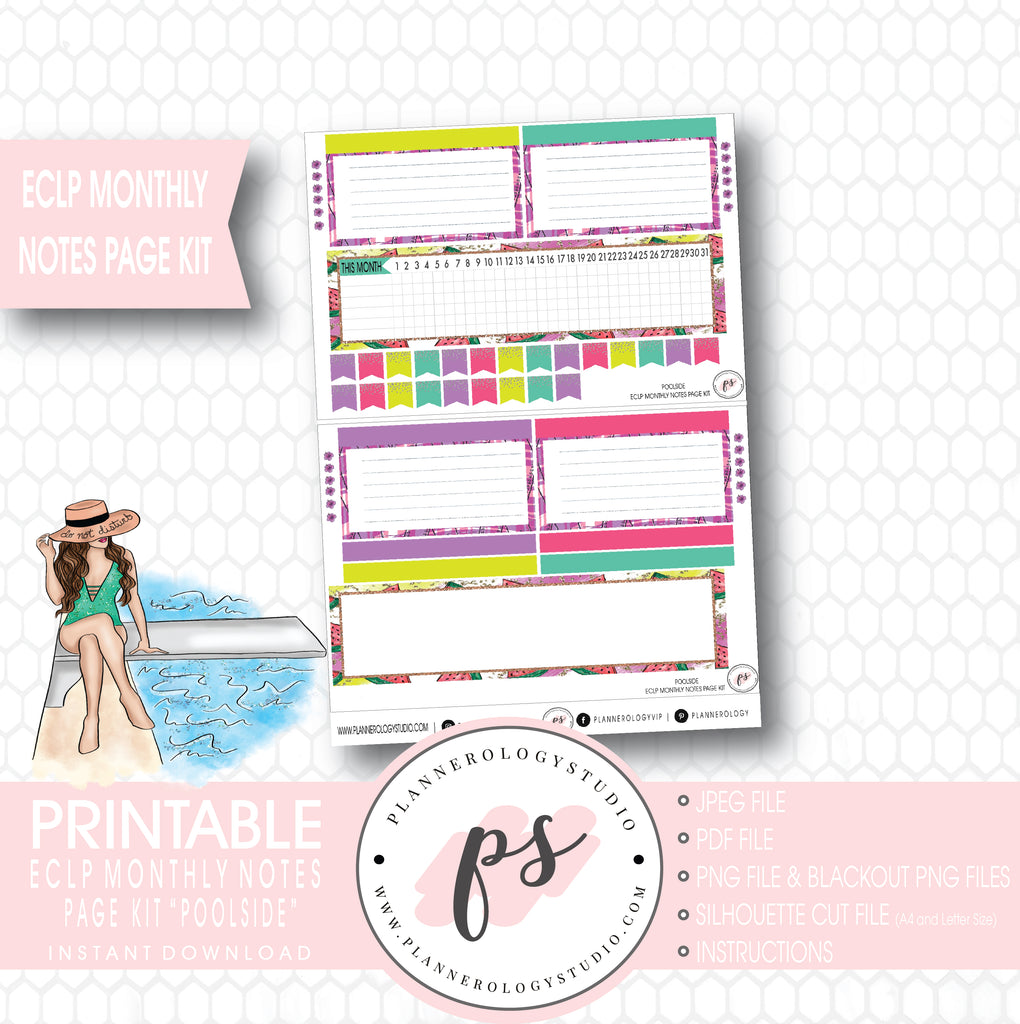 Poolside Monthly Notes Page Kit Digital Printable Planner Stickers (for use with ECLP) - Plannerologystudio
