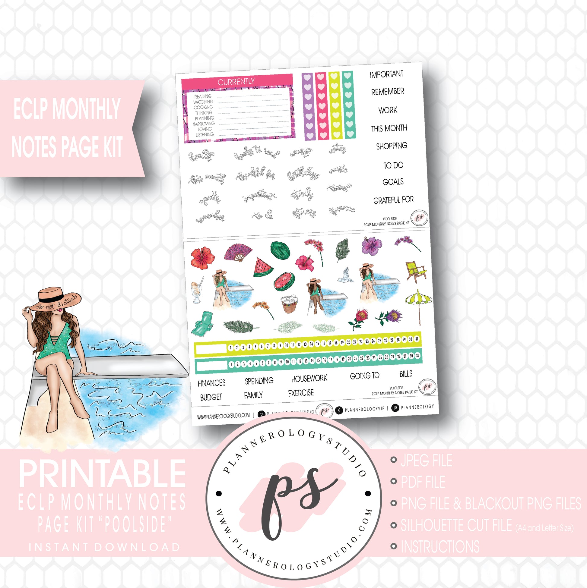 Poolside Monthly Notes Page Kit Digital Printable Planner Stickers (for use with ECLP) - Plannerologystudio