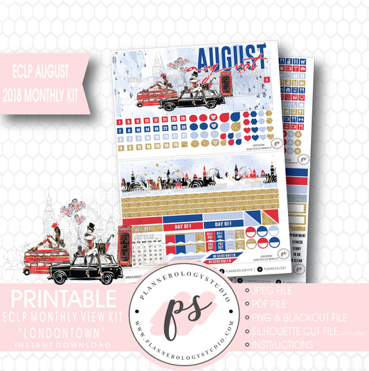 Londontown August 2018 Monthly View Kit Digital Printable Planner Stickers (for use with Erin Condren) - Plannerologystudio