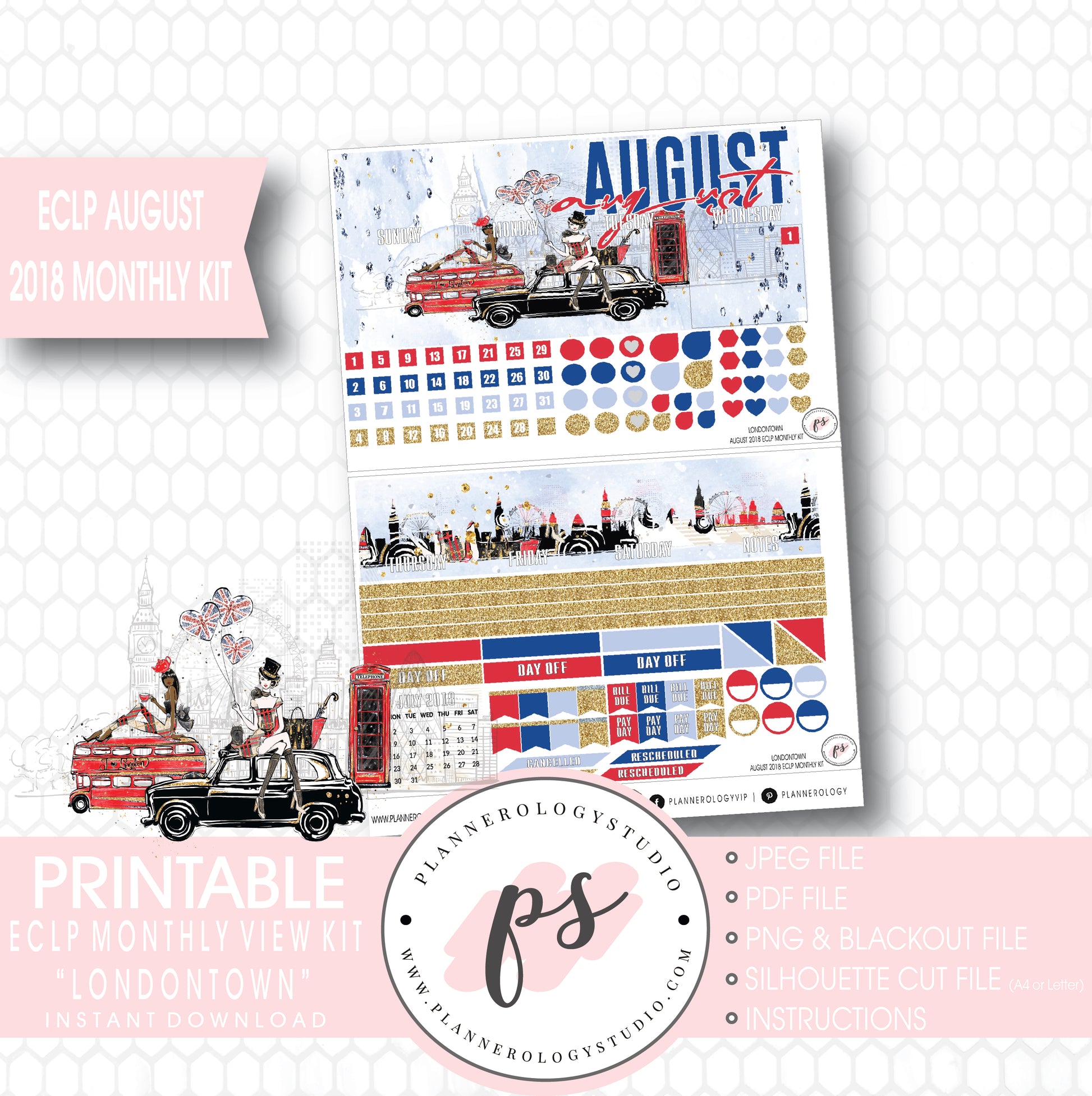Londontown August 2018 Monthly View Kit Digital Printable Planner Stickers (for use with Erin Condren) - Plannerologystudio