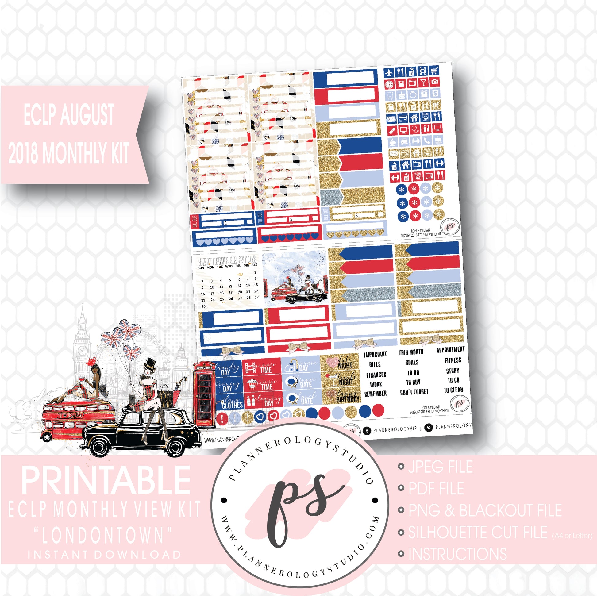 Londontown August 2018 Monthly View Kit Digital Printable Planner Stickers (for use with Erin Condren) - Plannerologystudio