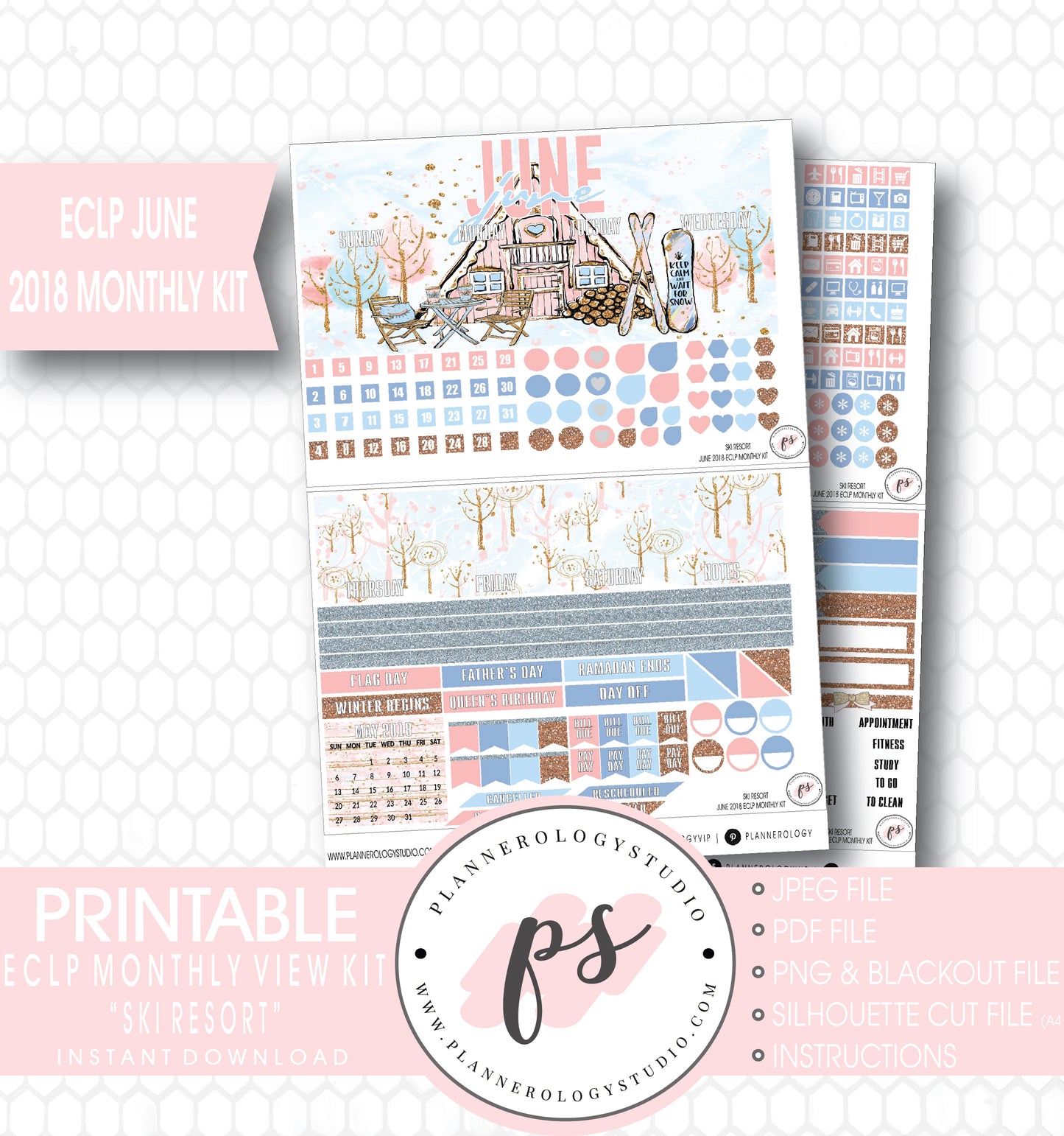 Ski Resort (Winter) June 2018 Monthly View Kit Digital Printable Planner Stickers (for use with Erin Condren) - Plannerologystudio