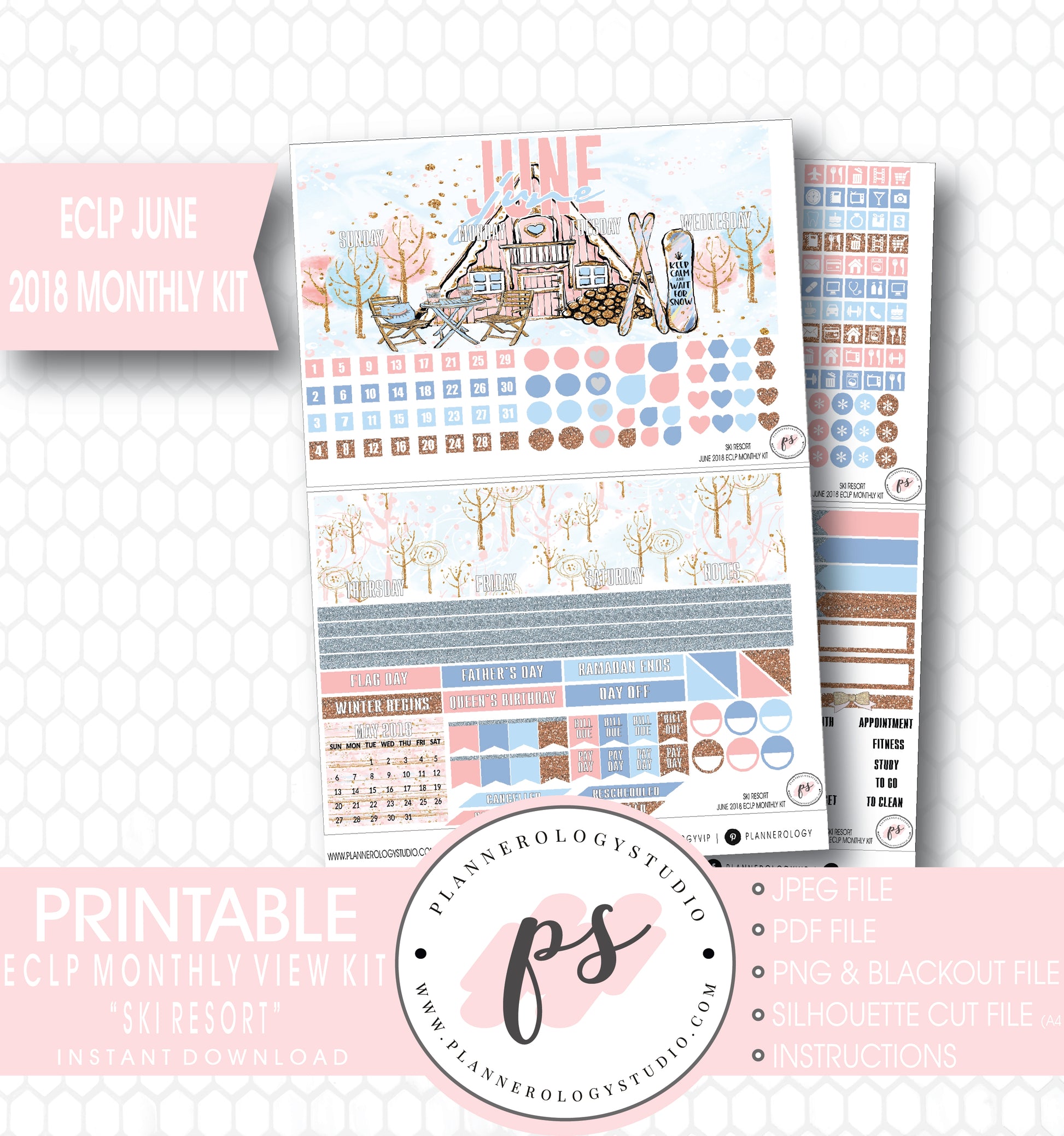 Ski Resort (Winter) June 2018 Monthly View Kit Digital Printable Planner Stickers (for use with Erin Condren) - Plannerologystudio