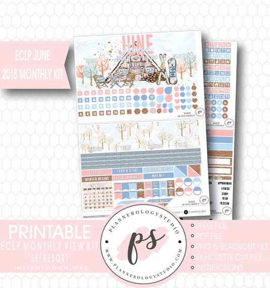 Ski Resort (Winter) June 2018 Monthly View Kit Digital Printable Planner Stickers (for use with Erin Condren) - Plannerologystudio