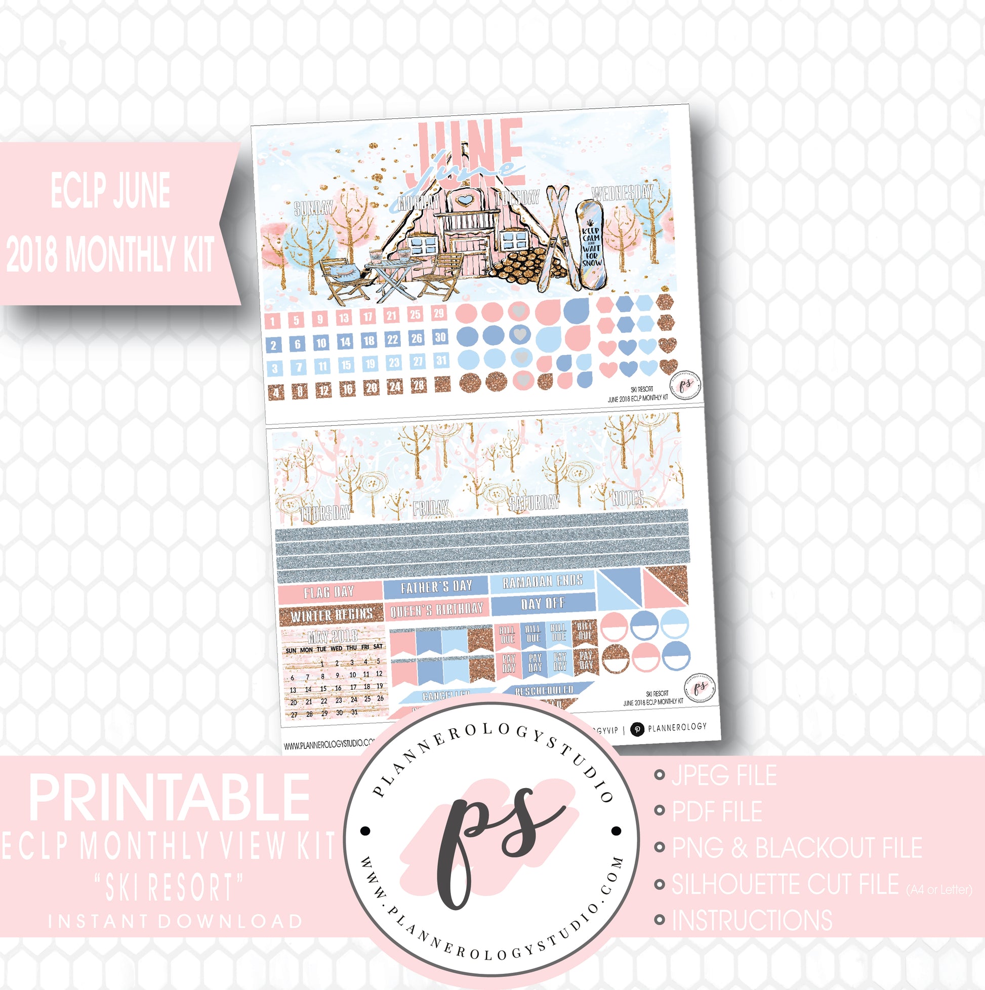 Ski Resort (Winter) June 2018 Monthly View Kit Digital Printable Planner Stickers (for use with Erin Condren) - Plannerologystudio