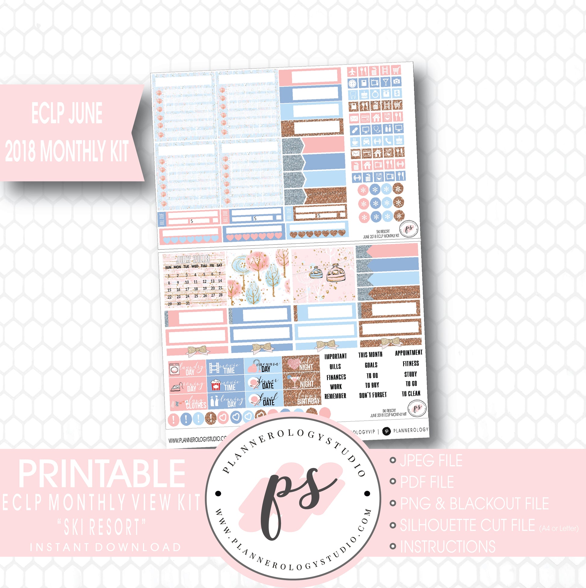 Ski Resort (Winter) June 2018 Monthly View Kit Digital Printable Planner Stickers (for use with Erin Condren) - Plannerologystudio