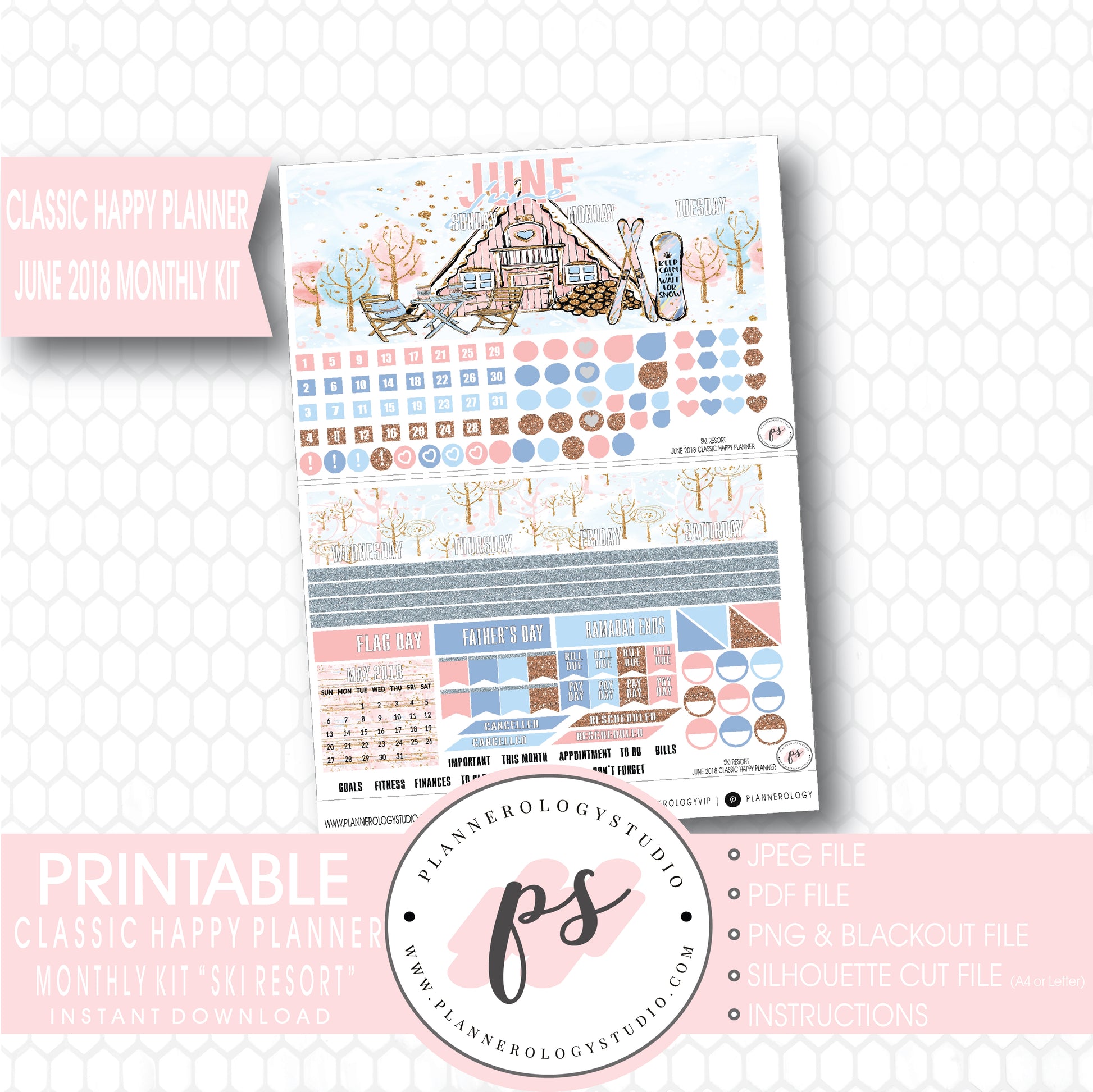 Ski Resort (Winter) June 2018 Monthly View Kit Digital Printable Planner Stickers (for use with Classic Happy Planner) - Plannerologystudio