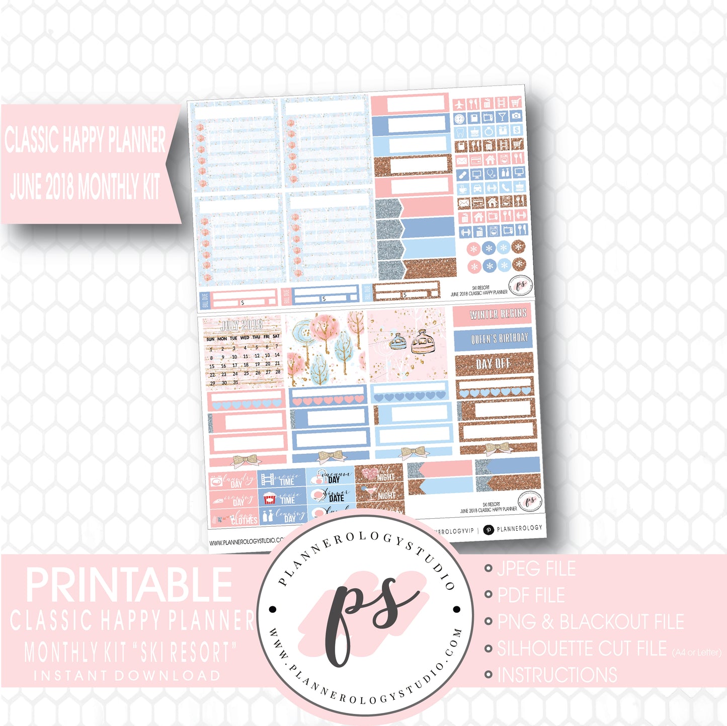 Ski Resort (Winter) June 2018 Monthly View Kit Digital Printable Planner Stickers (for use with Classic Happy Planner) - Plannerologystudio