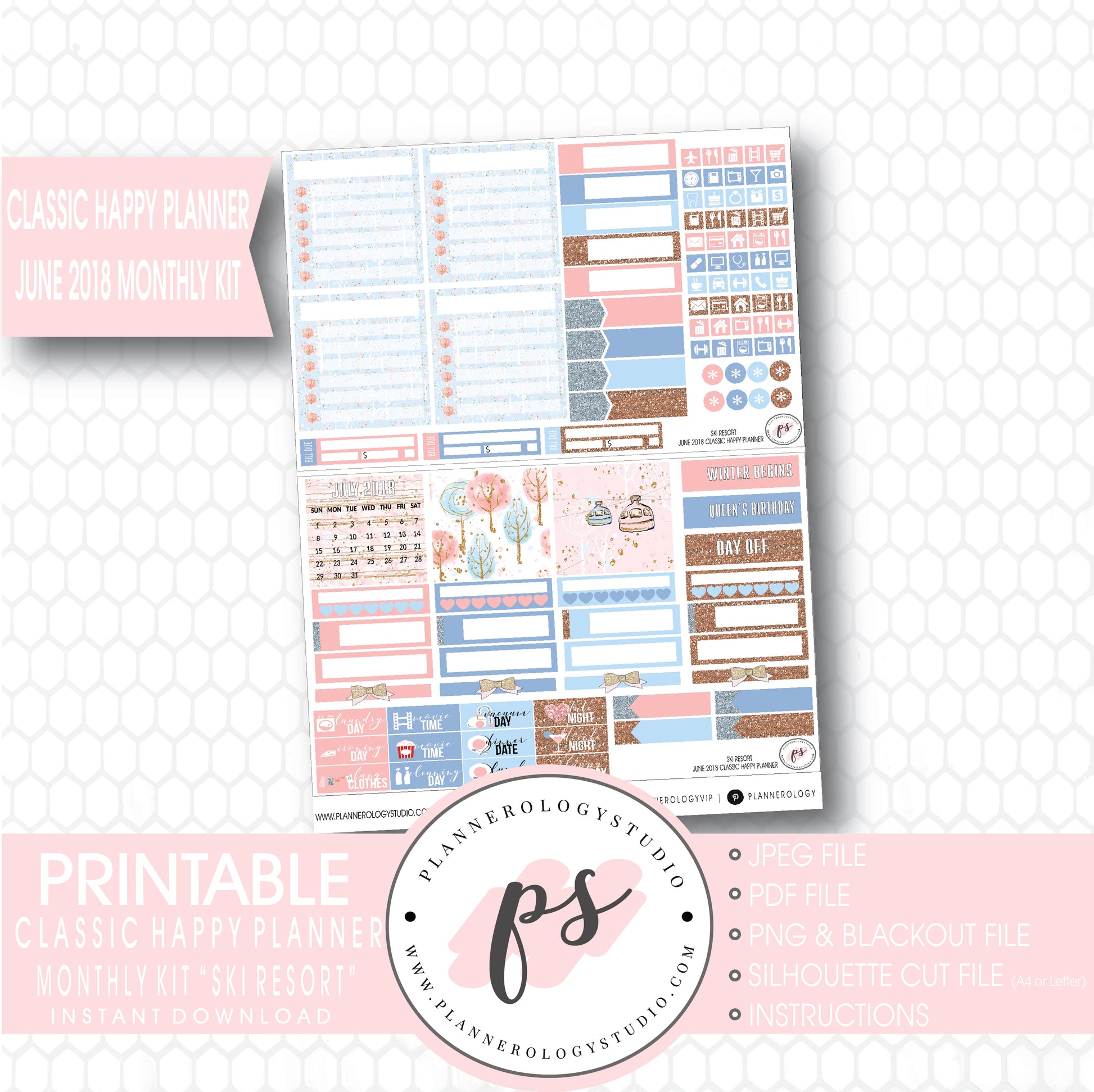 Ski Resort (Winter) June 2018 Monthly View Kit Digital Printable Planner Stickers (for use with Classic Happy Planner) - Plannerologystudio