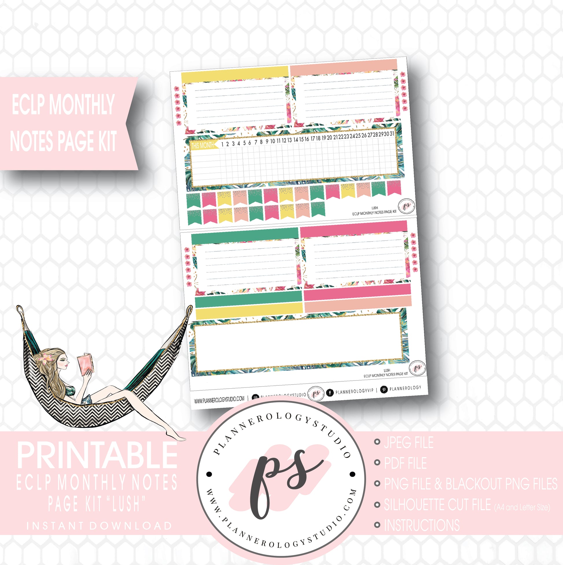 Lush Summer Monthly Notes Page Kit Digital Printable Planner Stickers (for use with ECLP) - Plannerologystudio