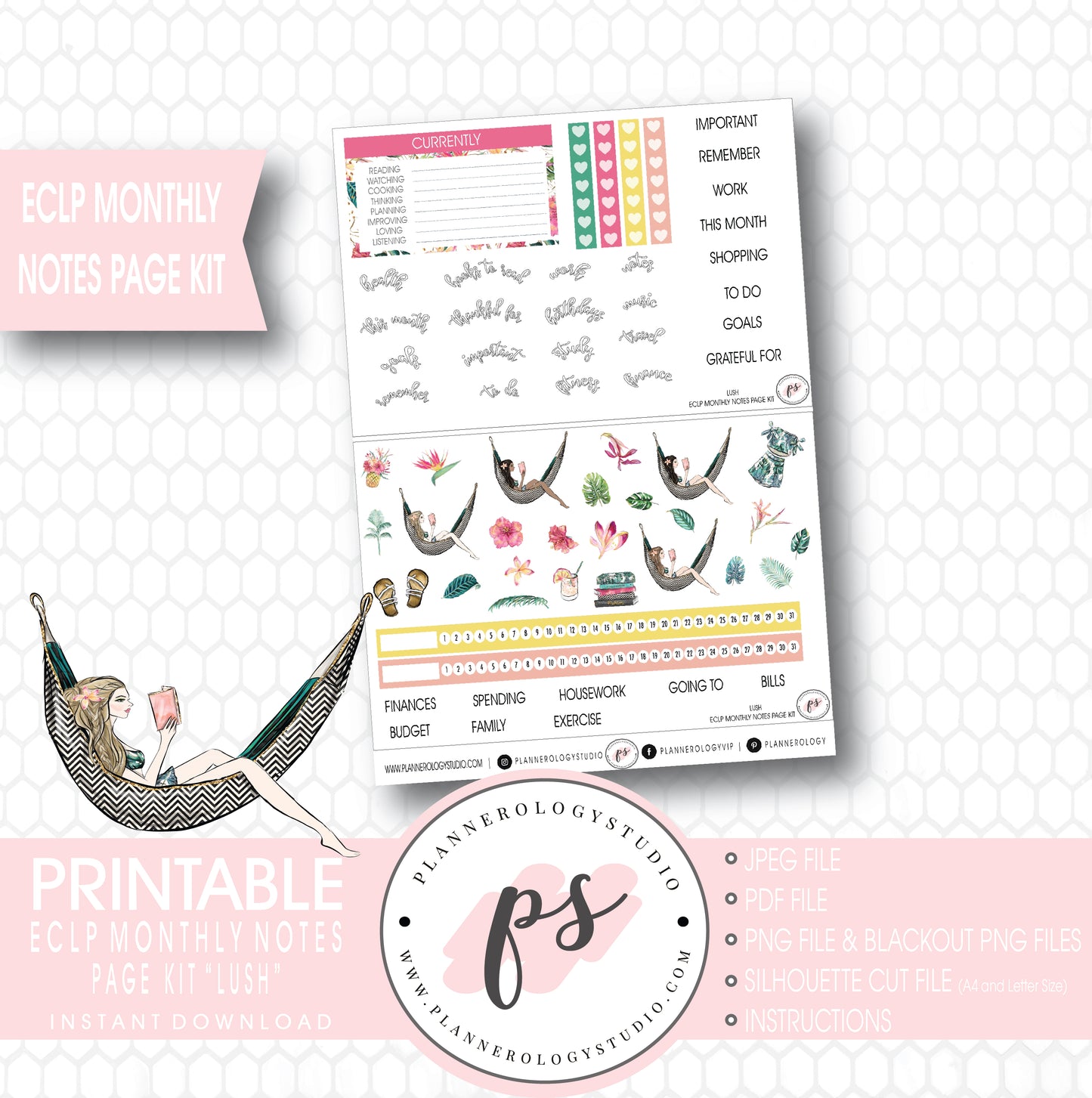 Lush Summer Monthly Notes Page Kit Digital Printable Planner Stickers (for use with ECLP) - Plannerologystudio