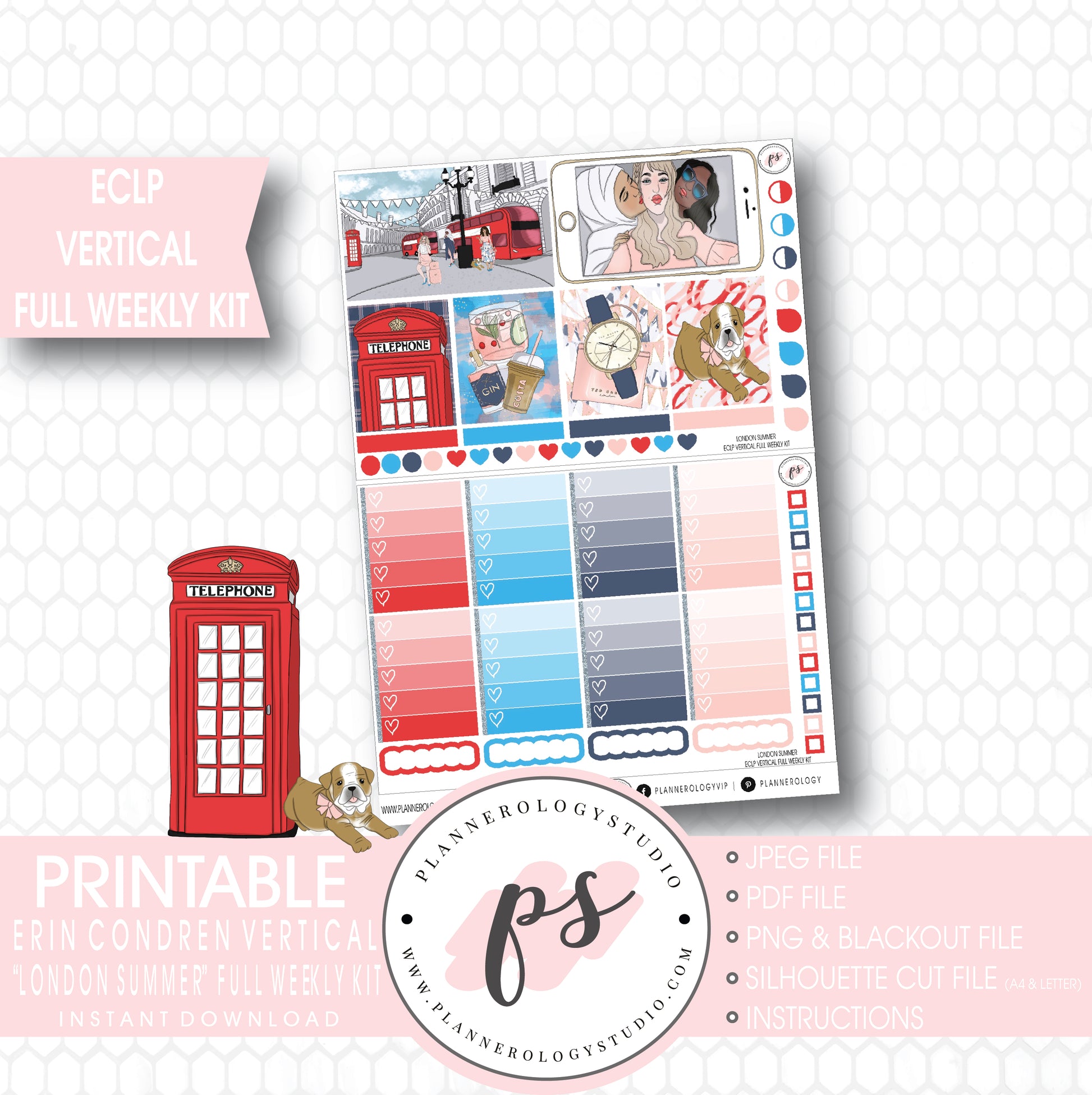London Summer Full Weekly Kit Printable Planner Stickers (for use with ECLP Vertical) - Plannerologystudio