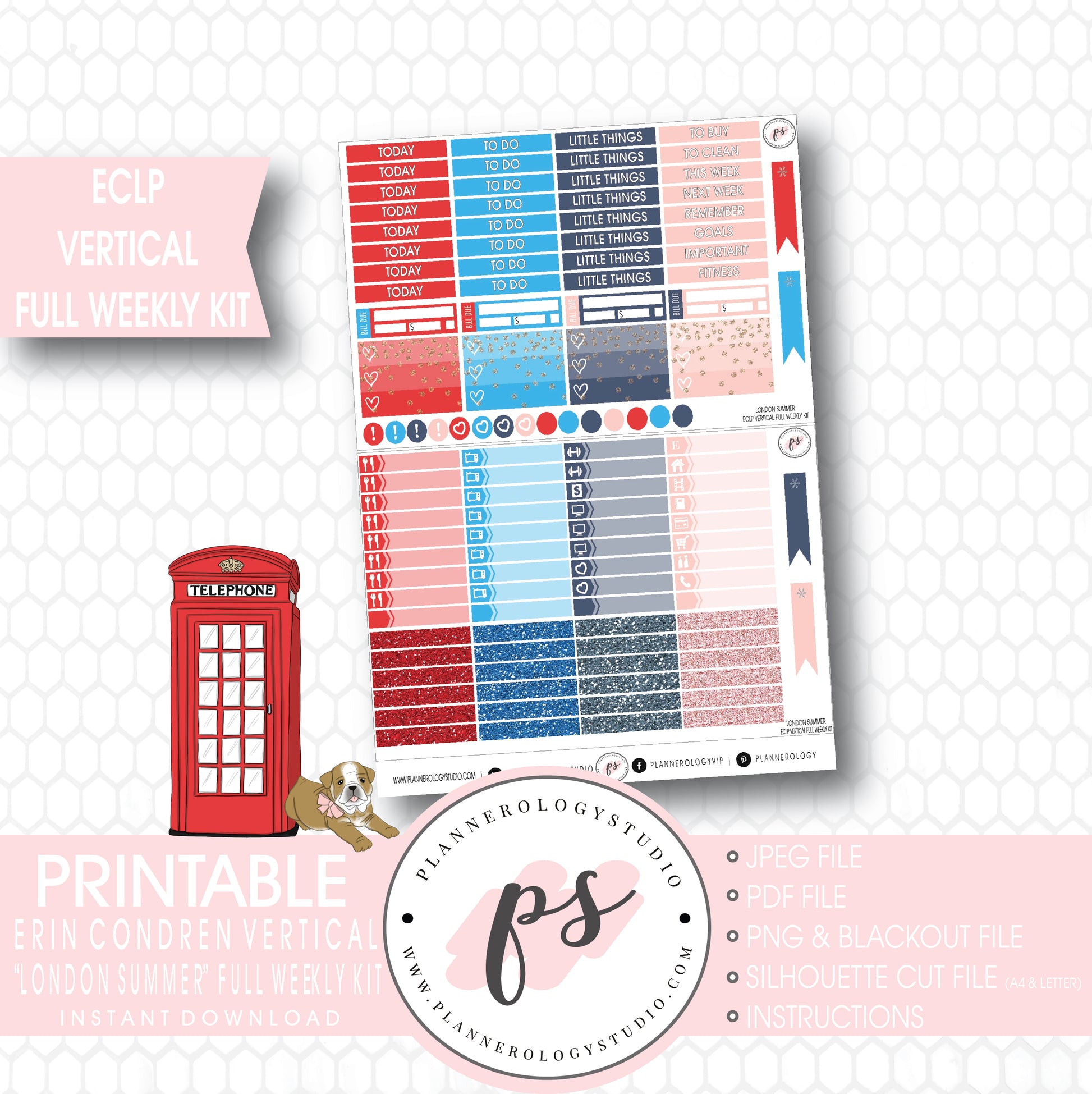 London Summer Full Weekly Kit Printable Planner Stickers (for use with ECLP Vertical) - Plannerologystudio