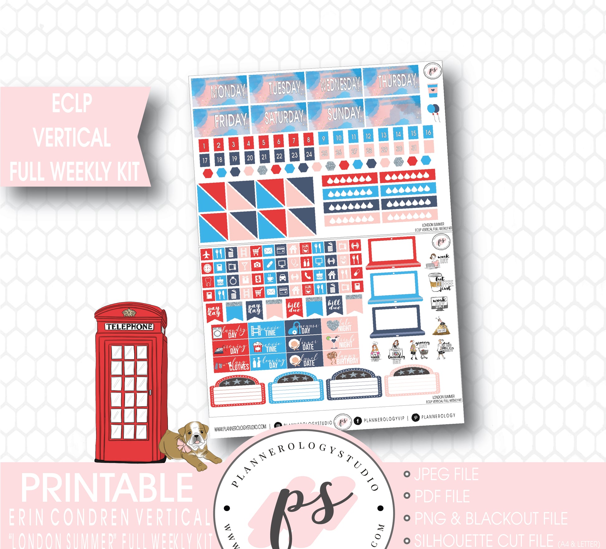 London Summer Full Weekly Kit Printable Planner Stickers (for use with ECLP Vertical) - Plannerologystudio