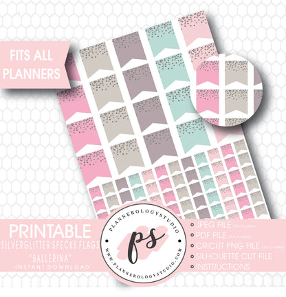 "Ballerina" Silver Glitter Specks Flags Printable Planner Stickers - Plannerologystudio