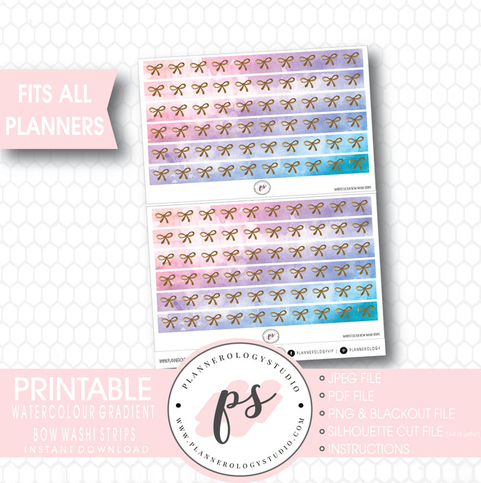 Watercolour Gradient Pattern Bow Icon Washi Strip Digital Printable Planner Stickers - Plannerologystudio
