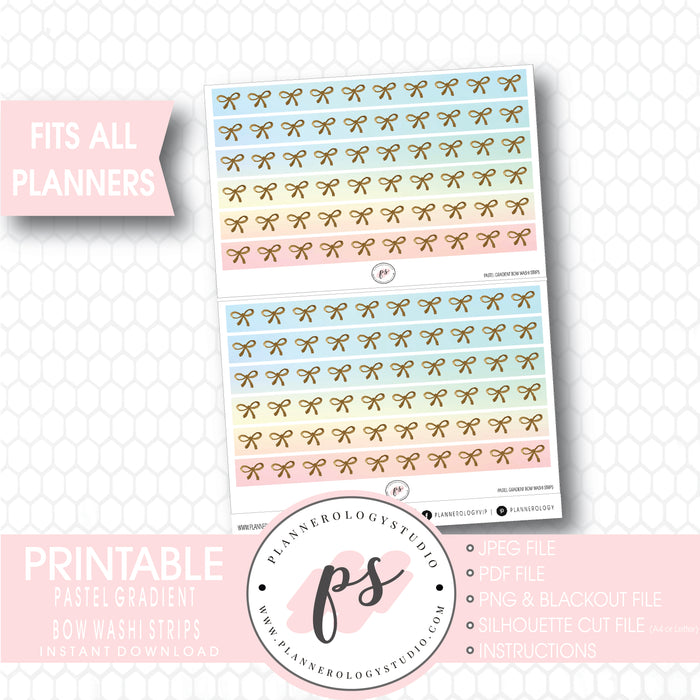 Pastel Gradient Pattern Bow Icon Washi Strip Digital Printable Planner Stickers - Plannerologystudio