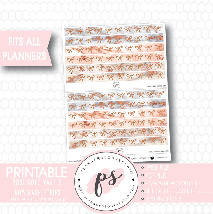 Rose Gold Marble Pattern Bow Icon Washi Strip Digital Printable Planner Stickers - Plannerologystudio