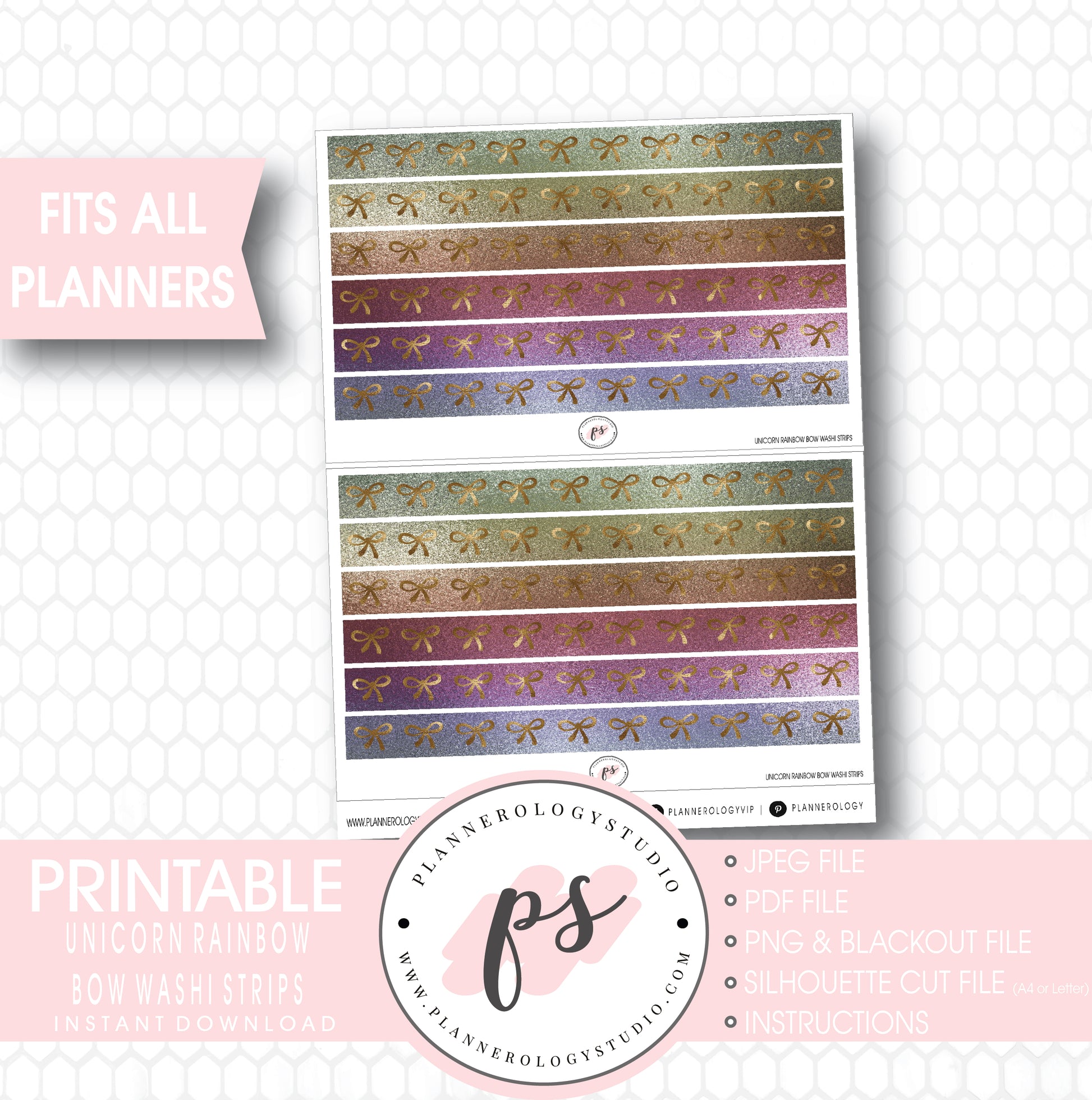 Unicorn Rainbow Glitter Pattern Bow Icon Washi Strip Digital Printable Planner Stickers - Plannerologystudio