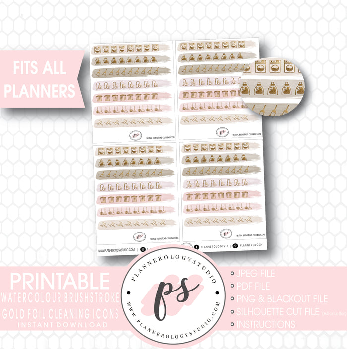 Neutral Brushstroke Gold Foil Texture Cleaning Icons Digital Printable Planner Stickers - Plannerologystudio