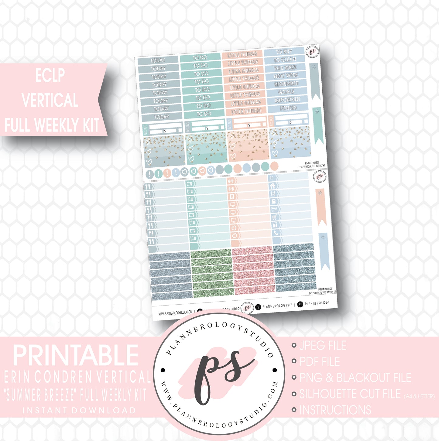 Summer Breeze Stock Photo Full Weekly Kit Printable Planner Stickers (for use with ECLP Vertical) - Plannerologystudio