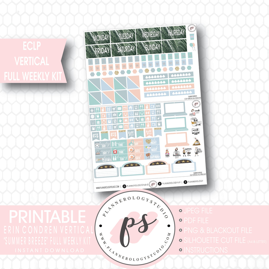 Summer Breeze Stock Photo Full Weekly Kit Printable Planner Stickers (for use with ECLP Vertical) - Plannerologystudio