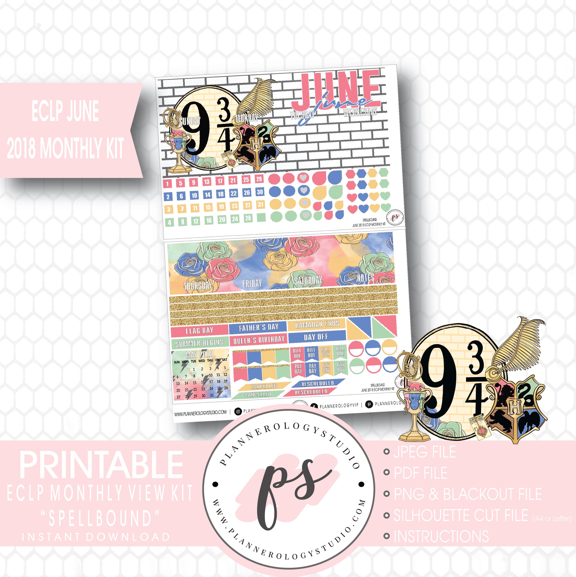Spellbound (Harry Potter) June 2018 Monthly View Kit Digital Printable Planner Stickers (for use with Erin Condren) - Plannerologystudio
