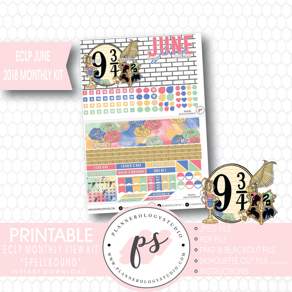 Spellbound (Harry Potter) June 2018 Monthly View Kit Digital Printable Planner Stickers (for use with Erin Condren) - Plannerologystudio