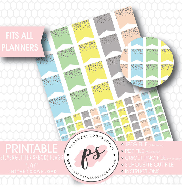 "Joy" Silver Glitter Specks Flags Printable Planner Stickers - Plannerologystudio