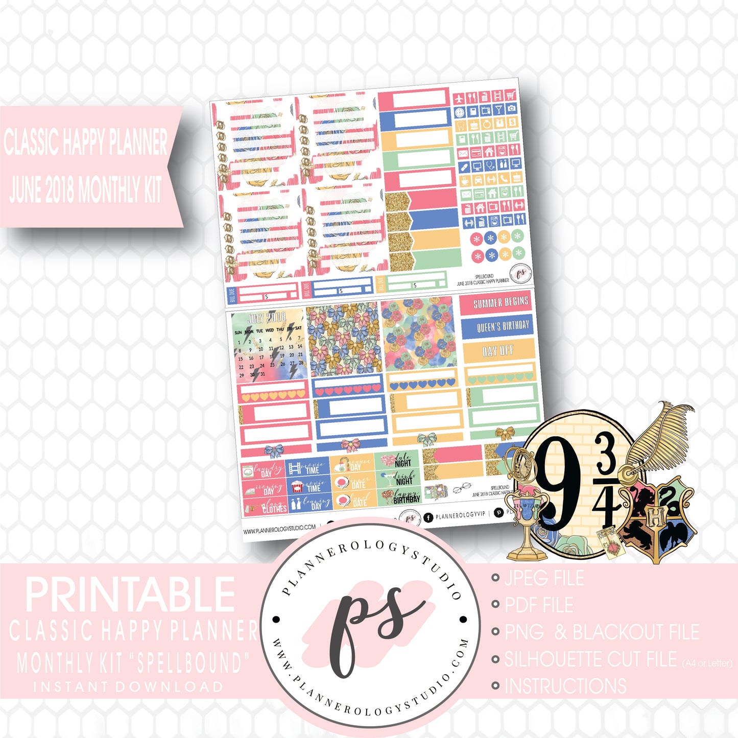 Spellbound (Harry Potter) June 2018 Monthly View Kit Digital Printable Planner Stickers (for use with Classic Happy Planner) - Plannerologystudio